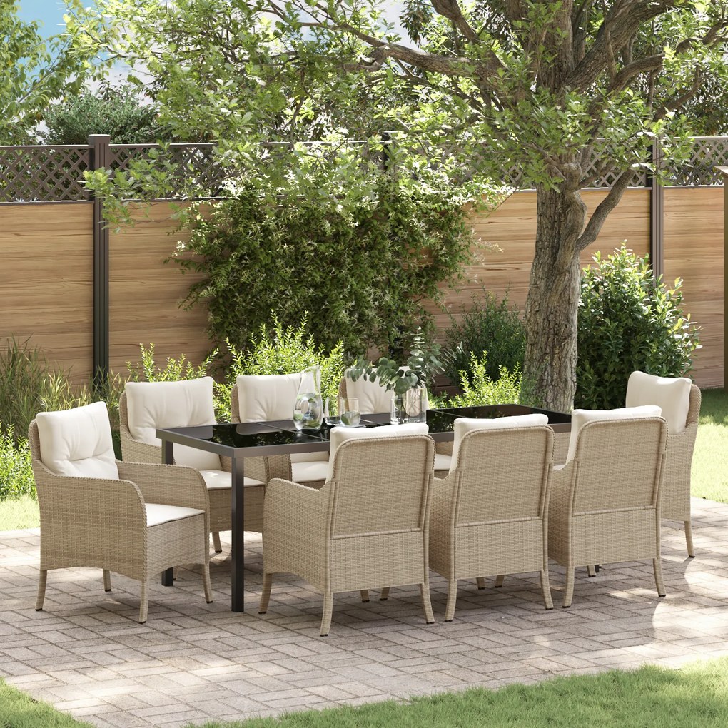 Conjunto de Jantar de Jardim com Almofadas de 9 Peças Bege Vime Sintét