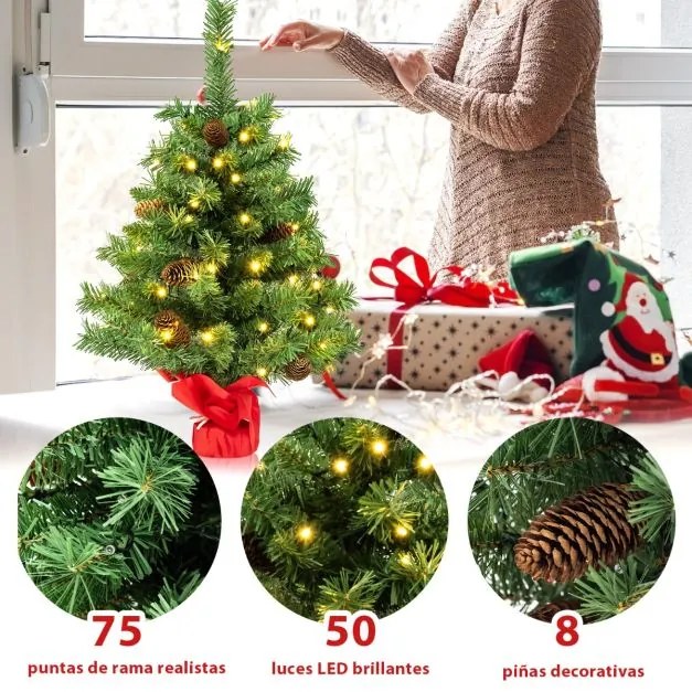Árvore de Natal 64 cm Pequena Pré-iluminada para Mesa com 50 Luzes LED 8 Modos de Luz Base de Cimento Verde