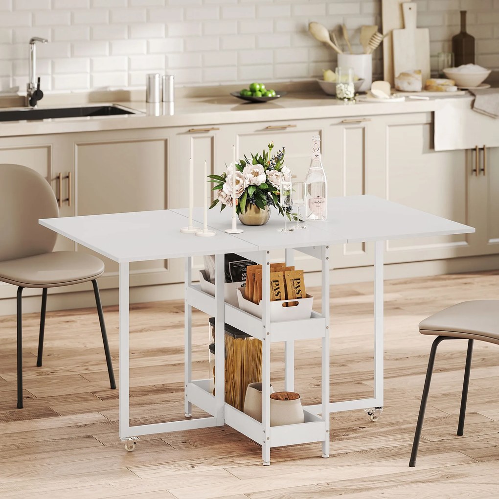 Mesa de jantar dobrável 133,4 L x 80 l x 75 A cm com rodas para 4 pessoas (CADEIRAS NÃO INCLUIDAS), com compartimentos abertos, ideal para espaços red