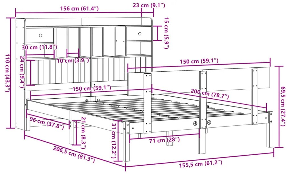 Cama com estante sem colchão 150x200 cm pinho maciço branco