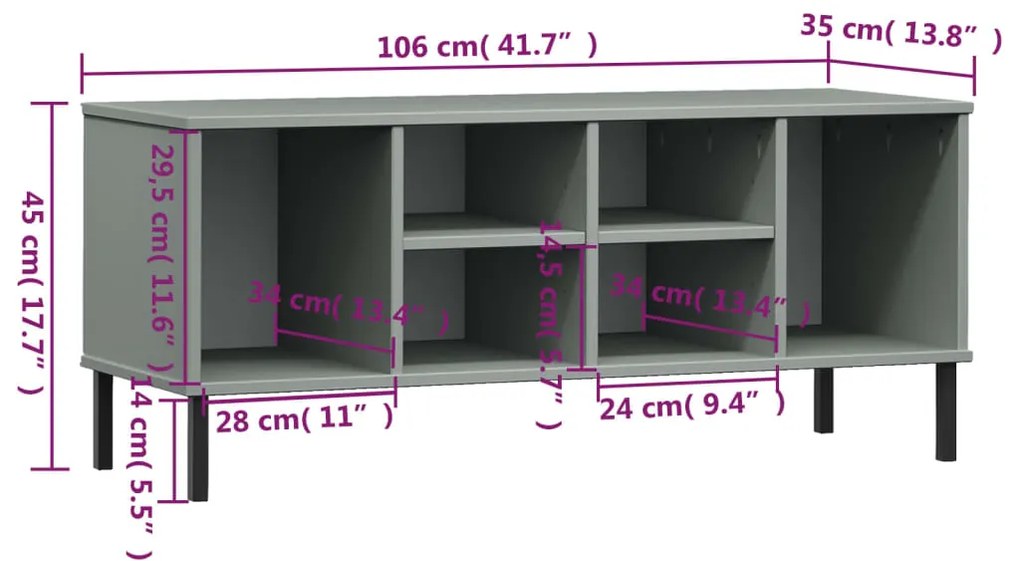 Sapateira pernas metal 106x35x45cm madeira maciça OSLO cinzento