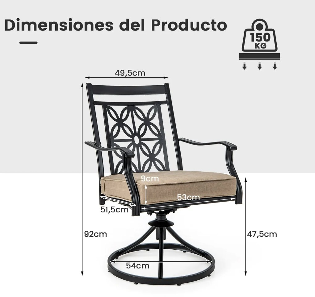 Conjunto de 2 cadeiras giratórias com estrutura metálica e impressão floral para jardim, piscina 70 x 60 x 92 cm Castanho, preto