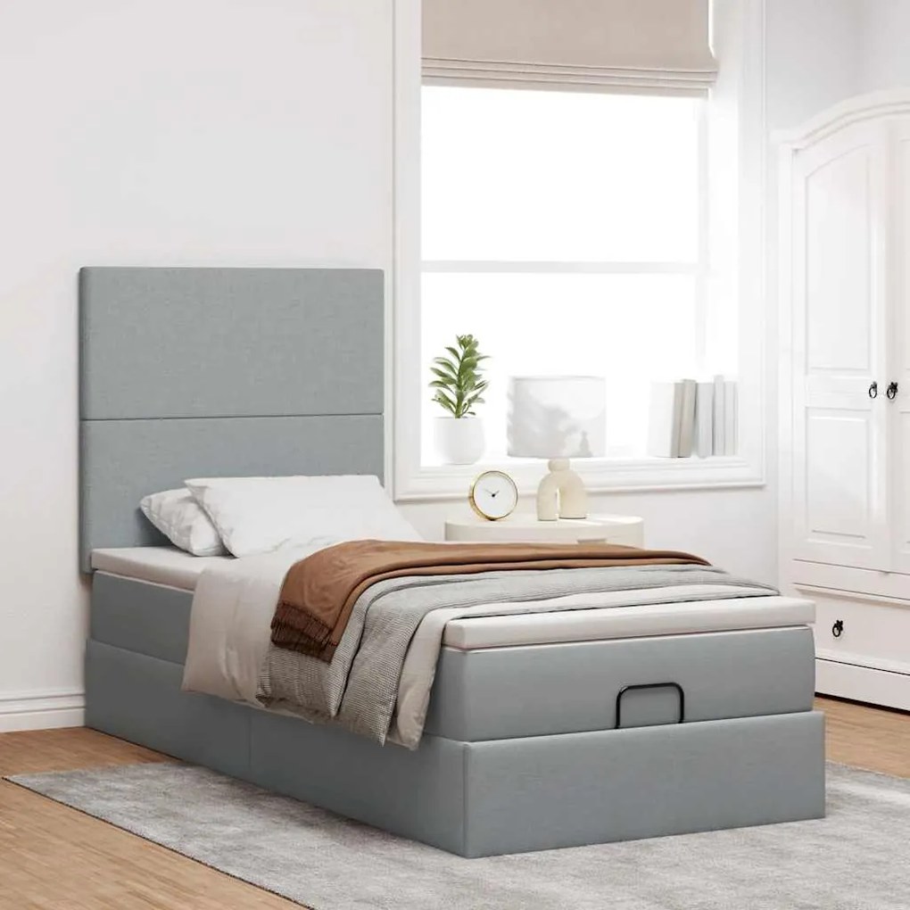 Cama Otomana com colchão & LEDs 90x200 cm tecido cinzento claro