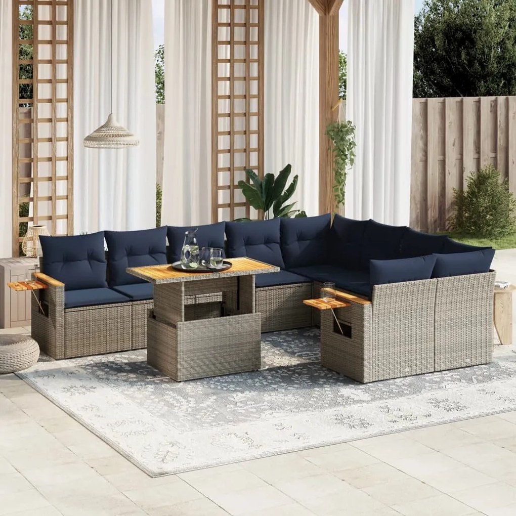 vidaXL 10 pcs conjunto sofás p/ jardim c/ almofadões vime PE cinzento
