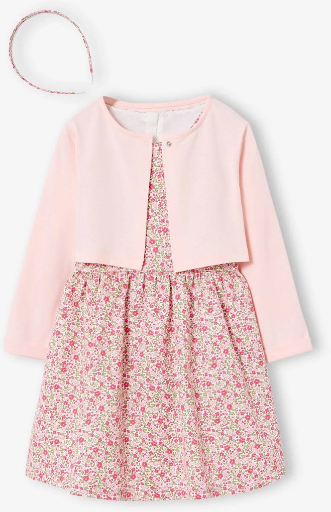Conjunto 3 peças vestido cardigan e bandolete, para menina rosa-pálido