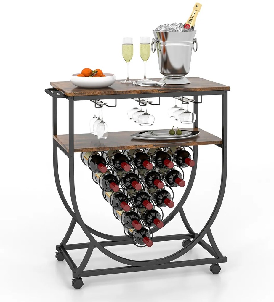 Garrafeira de Metal e Porta Copos para Sala de Jantar Carrinho Bar Industrial com Rodas e Alças 83 x 40 x 83 cm Castanho Rústico