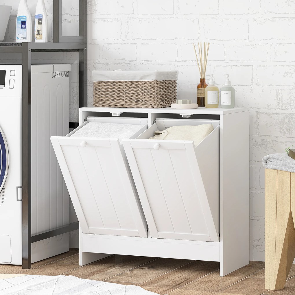 Armário de Casa de Banho com Cestos de Roupa Suja Móvel Roupa Suja com 2 Compartimentos 66x33x68 cm Branco