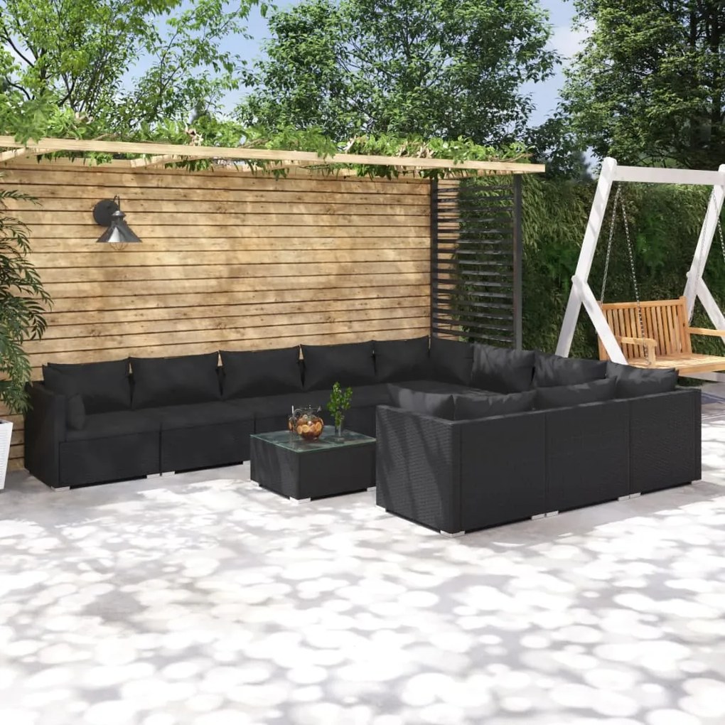 vidaXL 11 pcs conjunto lounge de jardim c/ almofadões vime PE preto