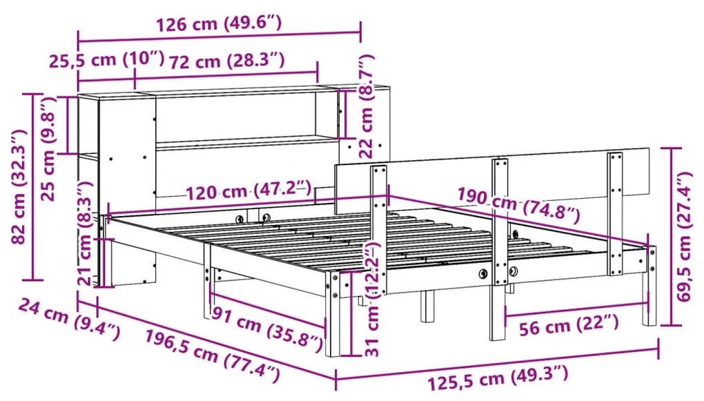Cama com estante sem colchão 120x190 cm pinho maciço branco