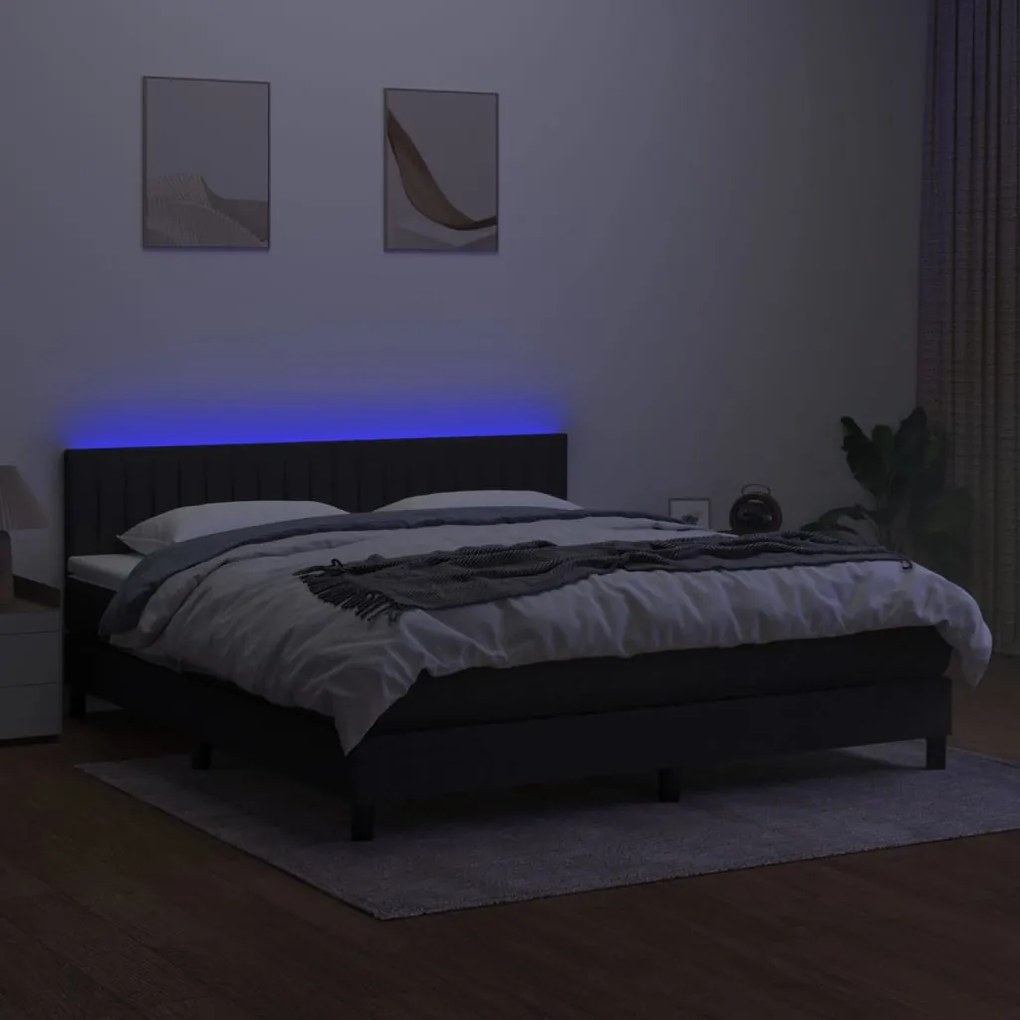 Cama box spring c/ colchão e LED 160x200 cm tecido preto