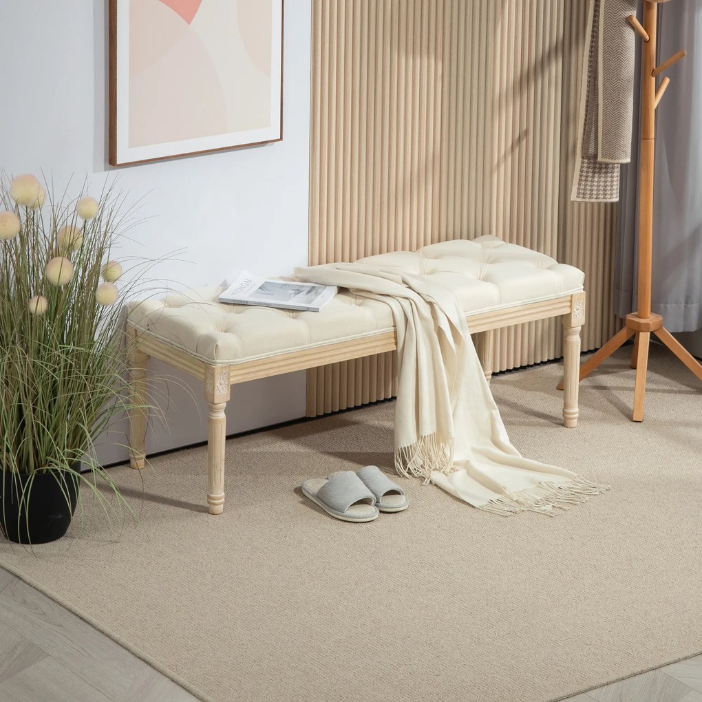 Banco aos Pés da Cama Capitonê, 115 x 40 x 43 cm, Revestimento com Aspeto de Linho, Creme