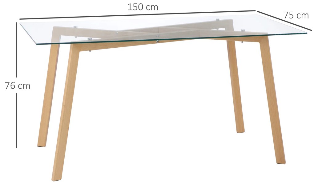 Mesa de Jantar para 6 Pessoas com Bancada de Vidro Temperado e Pés de Aço com Efeito de Madeira 150x75x76 cm Transparente e Madeira