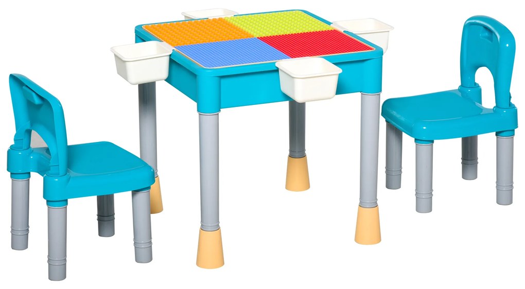 HOMCOM Conjunto de mesa e 2 cadeiras para crianças com 135 blocos de construção Mesa em ambos os lados Útil para desenhar e jantar com grande armazenamento 69x69x47 cm Multicolor