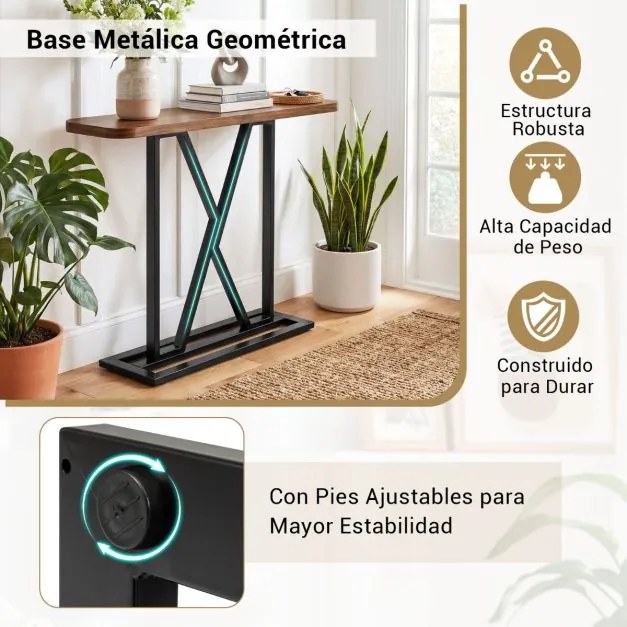 Mesa Consola de Entrada 100 x 29,5 x 81 cm com Estrutura Metálica Geométrica para Hall de Entrada Castanho Rústico