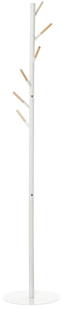 HOMCOM Cabide de Pé de Madeira Cabide de Pé com 6 Ganchos para Roupa Bolsas e Estrutura de Metal para Sala de Estar Entrada Dormitório 35x35x174cm Branco e Madeira