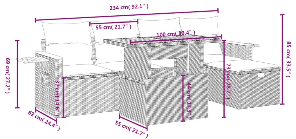 6 pcs conjunto sofás de jardim c/ almofadões vime PE preto