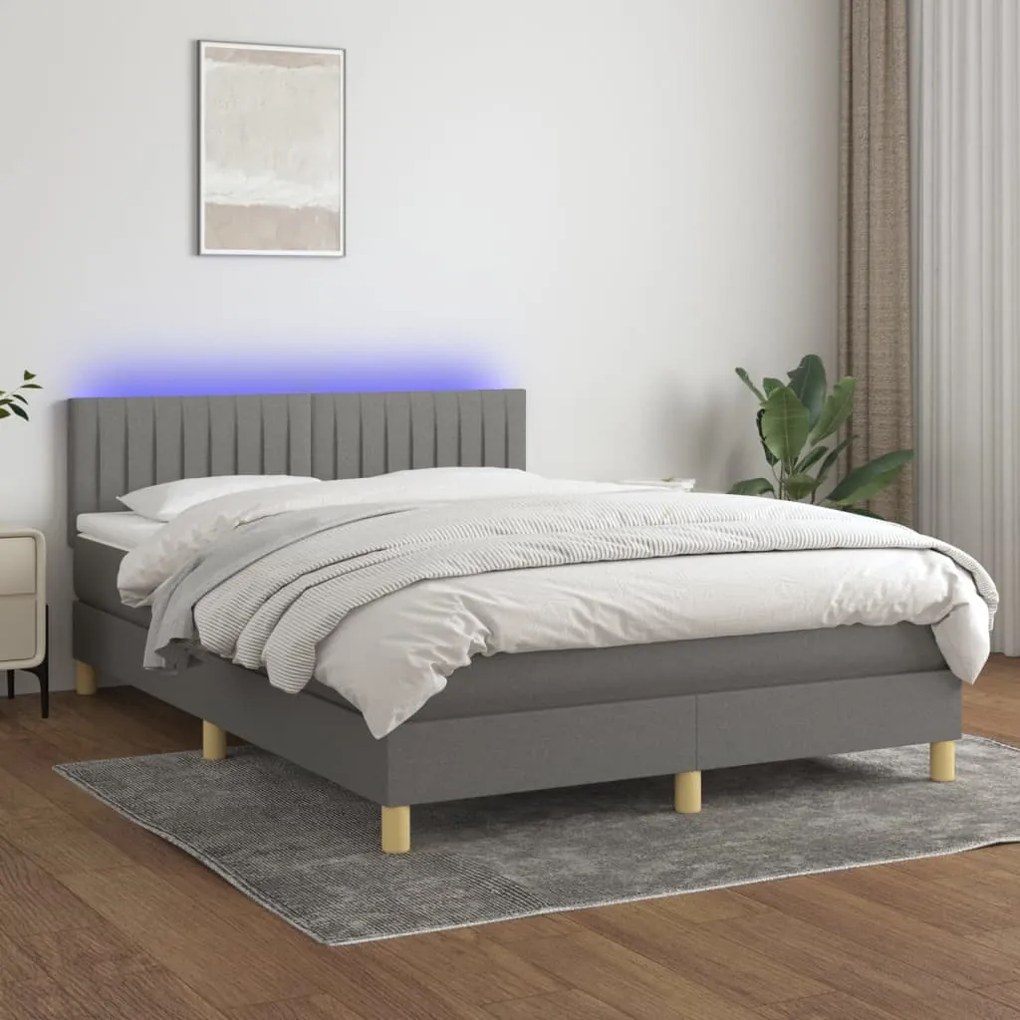 Cama box spring c/ colchão e LED 140x200 cm tecido cinza-escuro