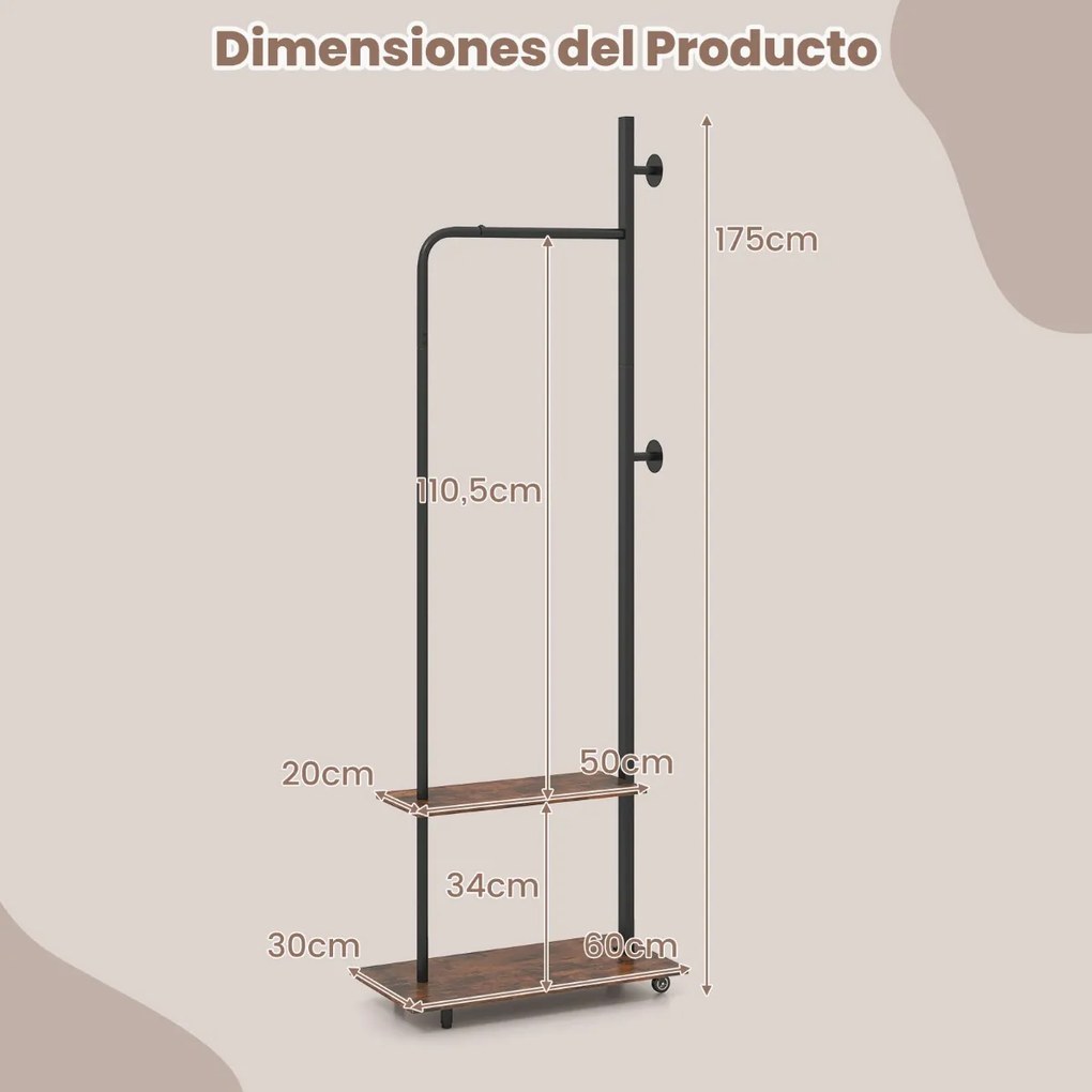 Cabide de pé com rodas universais 60 × 30 × 175 cm, barra para pendurar, ganchos laterais, prateleiras de arrumação e estrutura metálica em Castanho R
