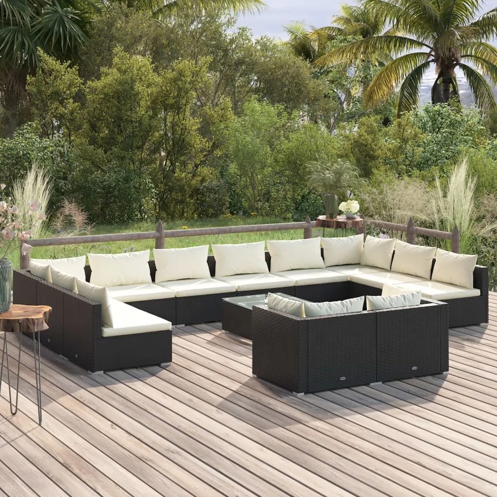 vidaXL 13 pcs conjunto lounge de jardim c/ almofadões vime PE preto