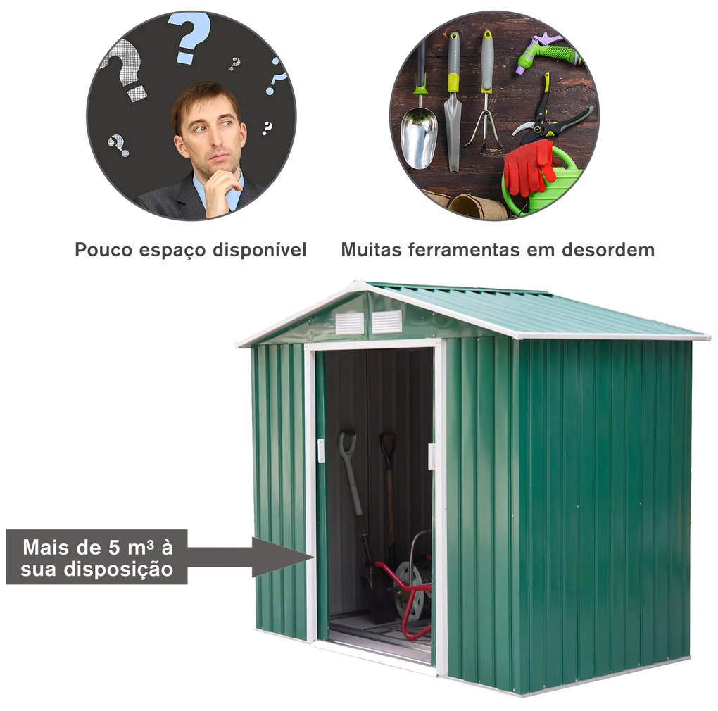 Abrigo de jardim Exterior de Aço com porta deslizante grande espaço de armazenamento 213x127x185 cm Verde