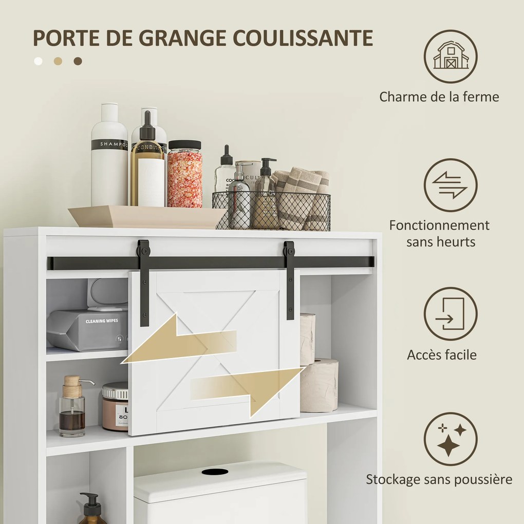 Móvel de arrumação 80 x 17 x 128 cm para colocar por cima da sanita com porta de correr, prateleira ajustável, branco
