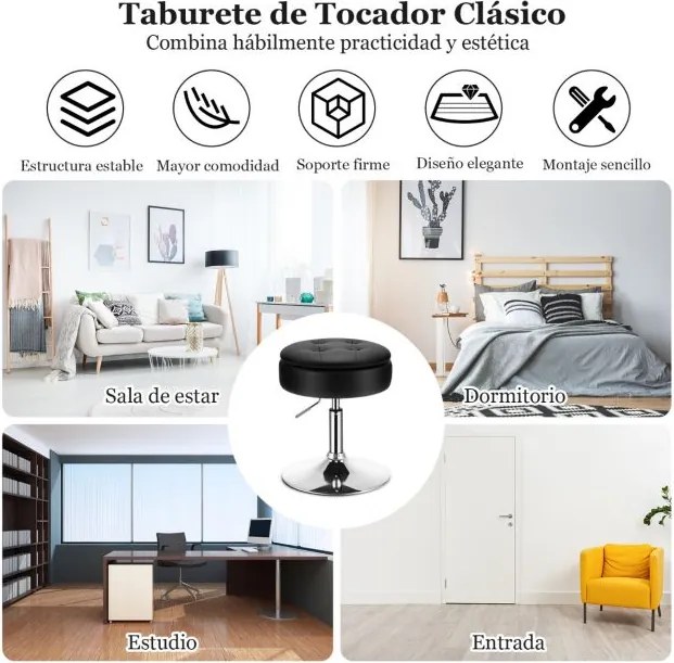 Banco Toucador Giratório com Arrumação banco de Maquilhagem em Couro PU Ajustável altura Preto
