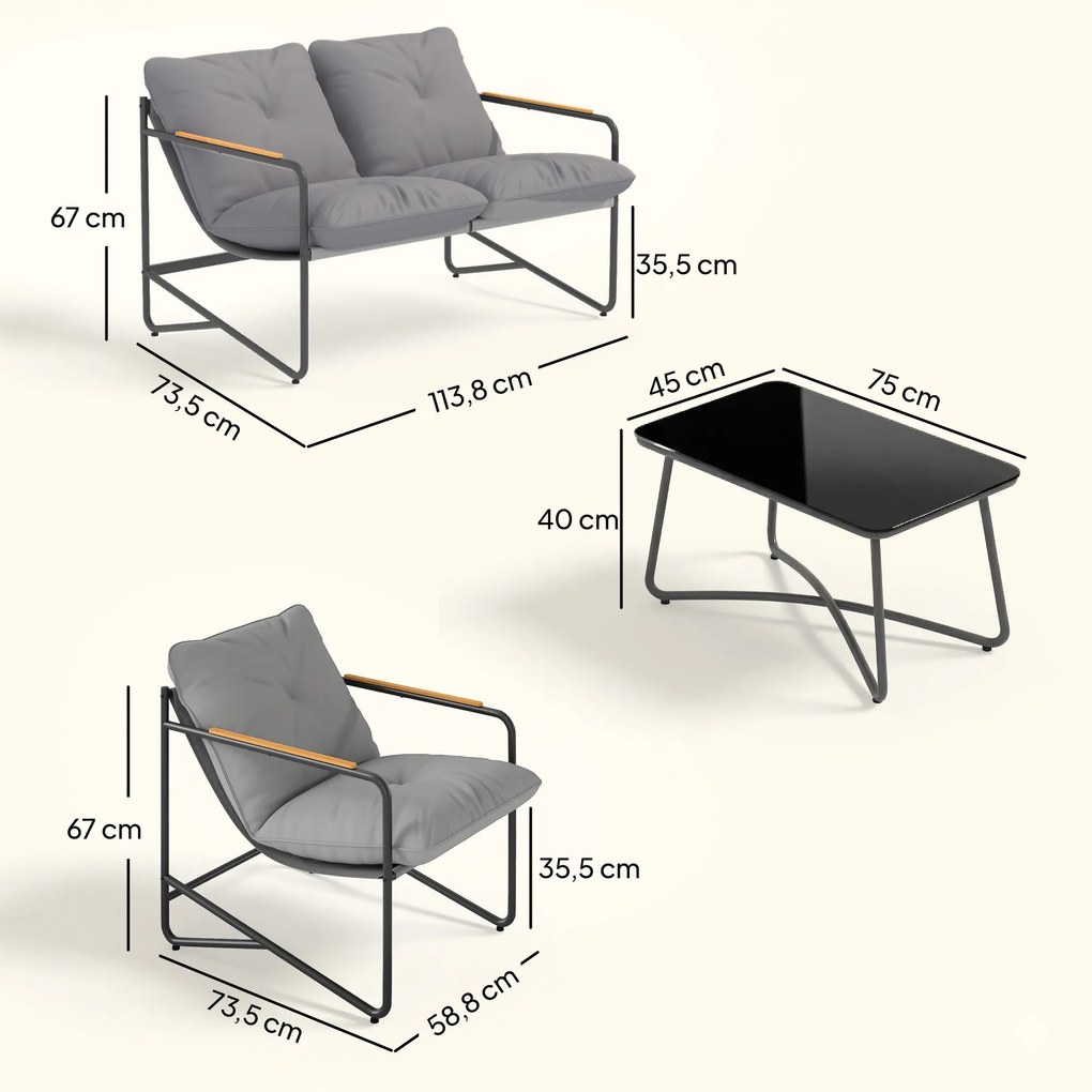Conjunto de jardim de 4 peças com sofá de 2 lugares, 2 poltronas e mesa de centro em vidro temperado; almofadas de 13 cm em cinzento claro