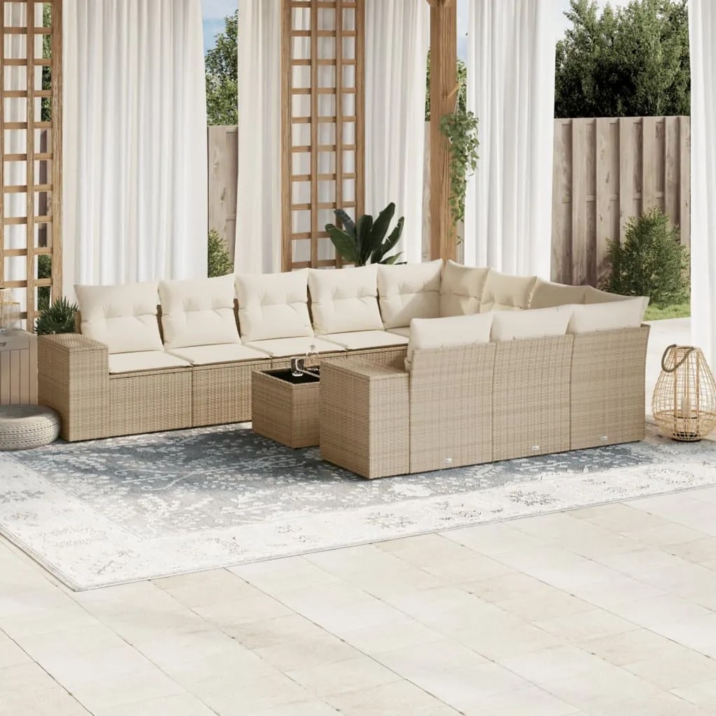 11 pcs conjunto sofás de jardim c/ almofadões vime PE bege