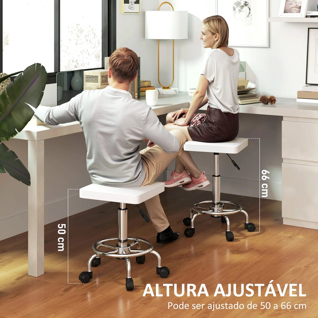 Banco Giratório com Rodas Altura Regulável 50-66 cm Assento Estofado em Imitação de Couro  34x34x50-66 cm Branco