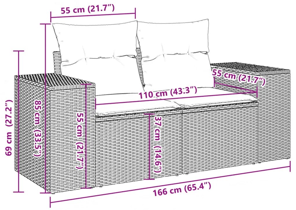 11 pcs conjunto sofás de jardim c/ almofadões vime PE cinzento