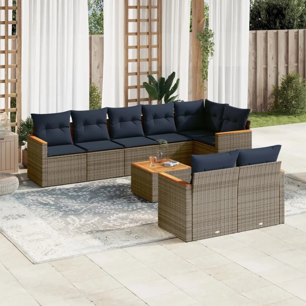 vidaXL 9 pcs conjunto sofás p/ jardim c/ almofadões vime PE cinzento