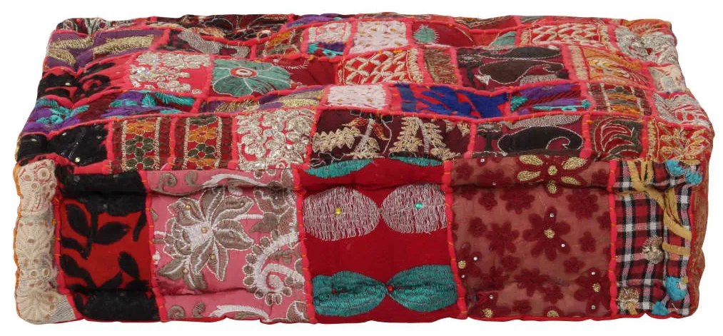 vidaXL Pufe de retalhos quadrado algodão artesanal 50x50x12cm vermelho