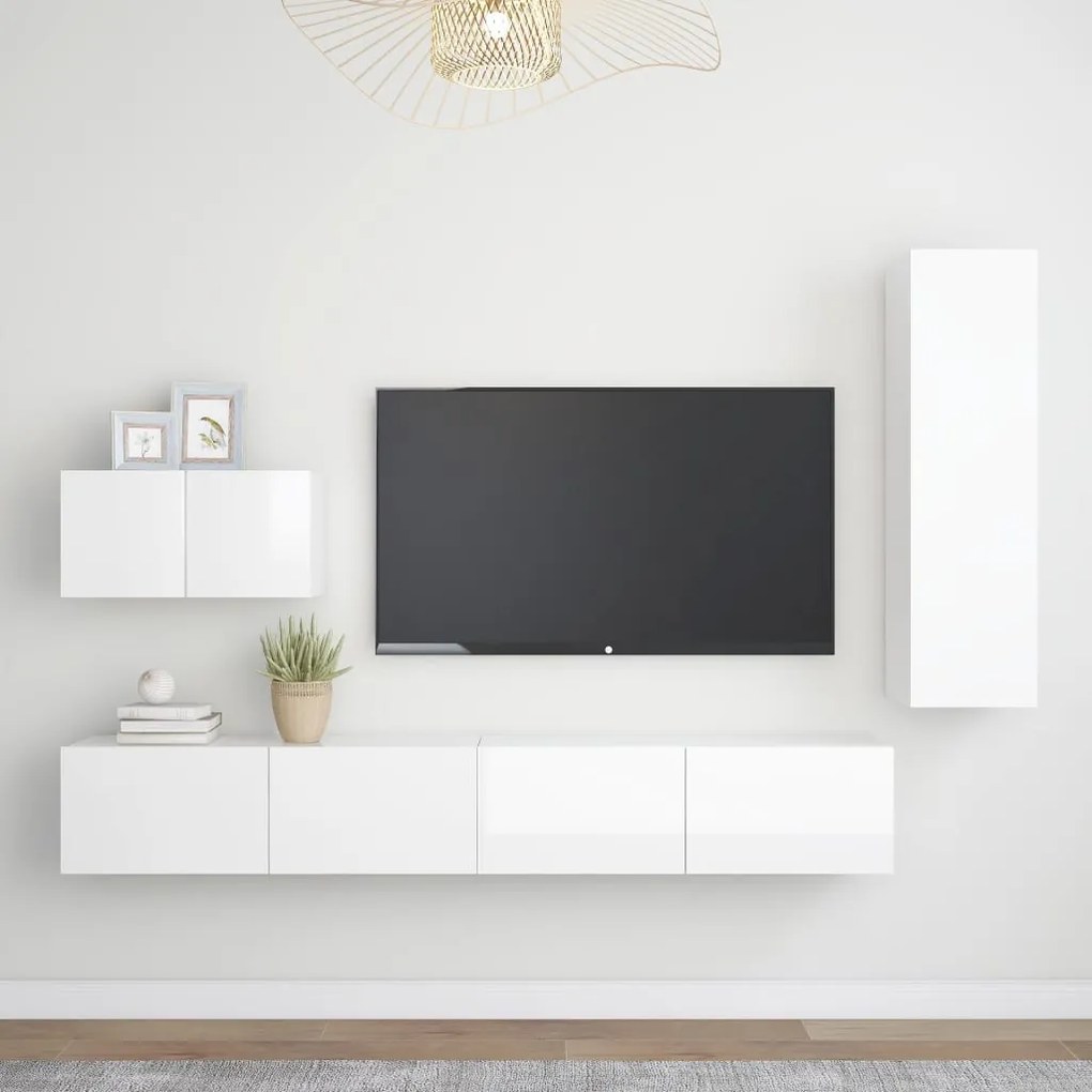 vidaXL 4 pcs conjunto móveis de TV derivados madeira branco brilhante