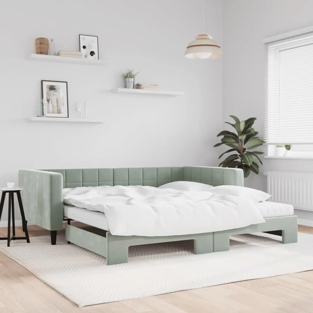 Sofá-cama c/ gavetão e colchões 100x200cm veludo cinzento-claro