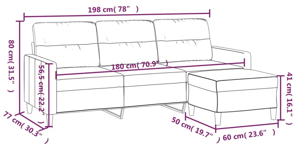 Sofá de 3 lugares com apoio de pés 180 cm tecido cinzento-claro