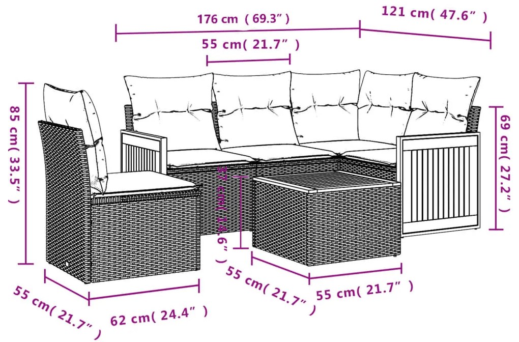 6 pcs conjunto sofás de jardim com almofadões vime cinzento