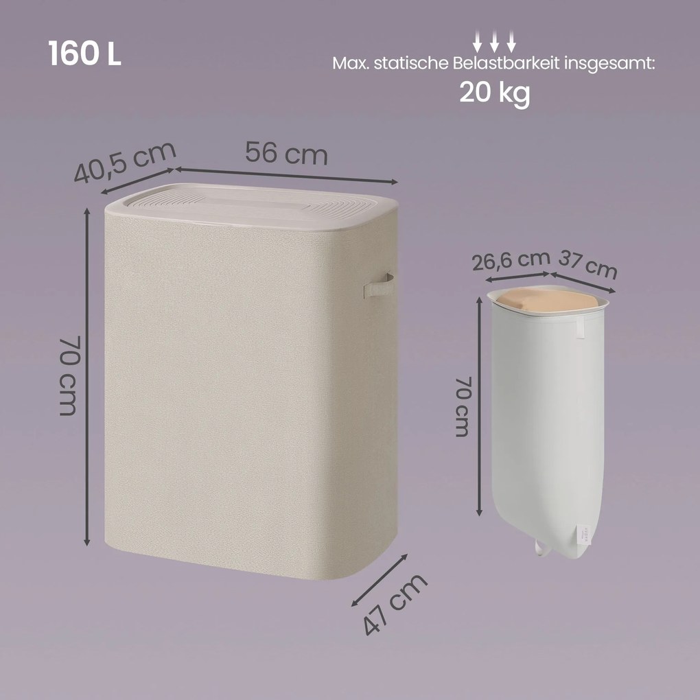 Cesto da roupa suja com tampa e 2 compartimentos, separador de roupa suja de 160 L, 56 x 40 bege