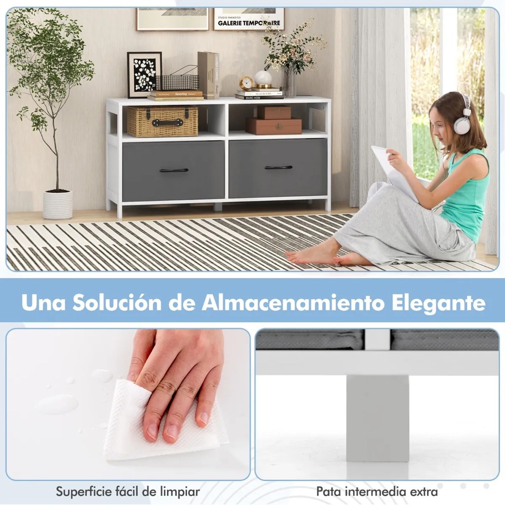 Armario com 2 gavetas Armário para TV até 45" com 2 Estantes abertas e Recipientes para Panos para Quarto Sala de Estar Quarto Branco