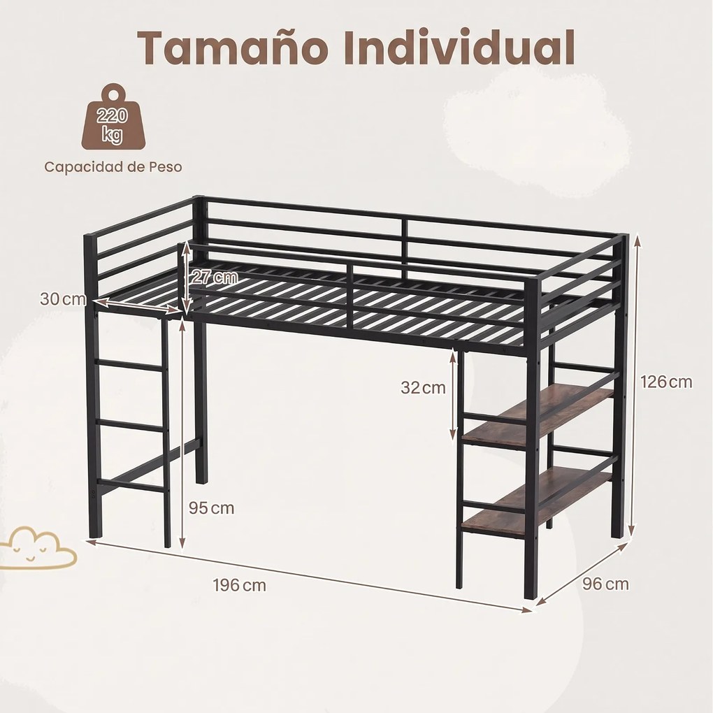 Cama Alta Infantil, 196 x 96 x 126 cm (COLCHÃO NÃO INCLUIDO), Estrutura Metálica Robusta, Castanho