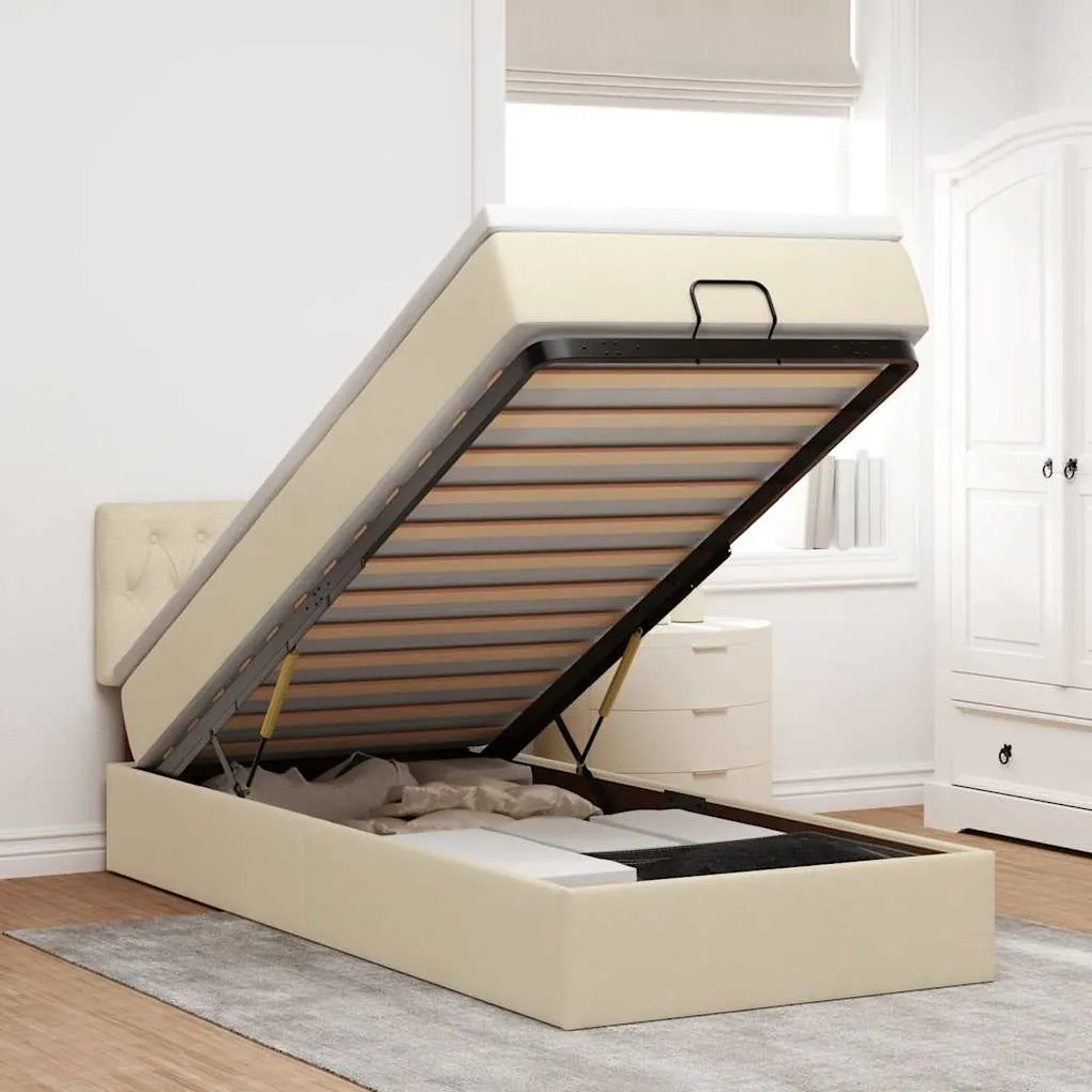 vidaXL Cama Otomana com colchão &amp; LEDs 90x200 cm tecido creme