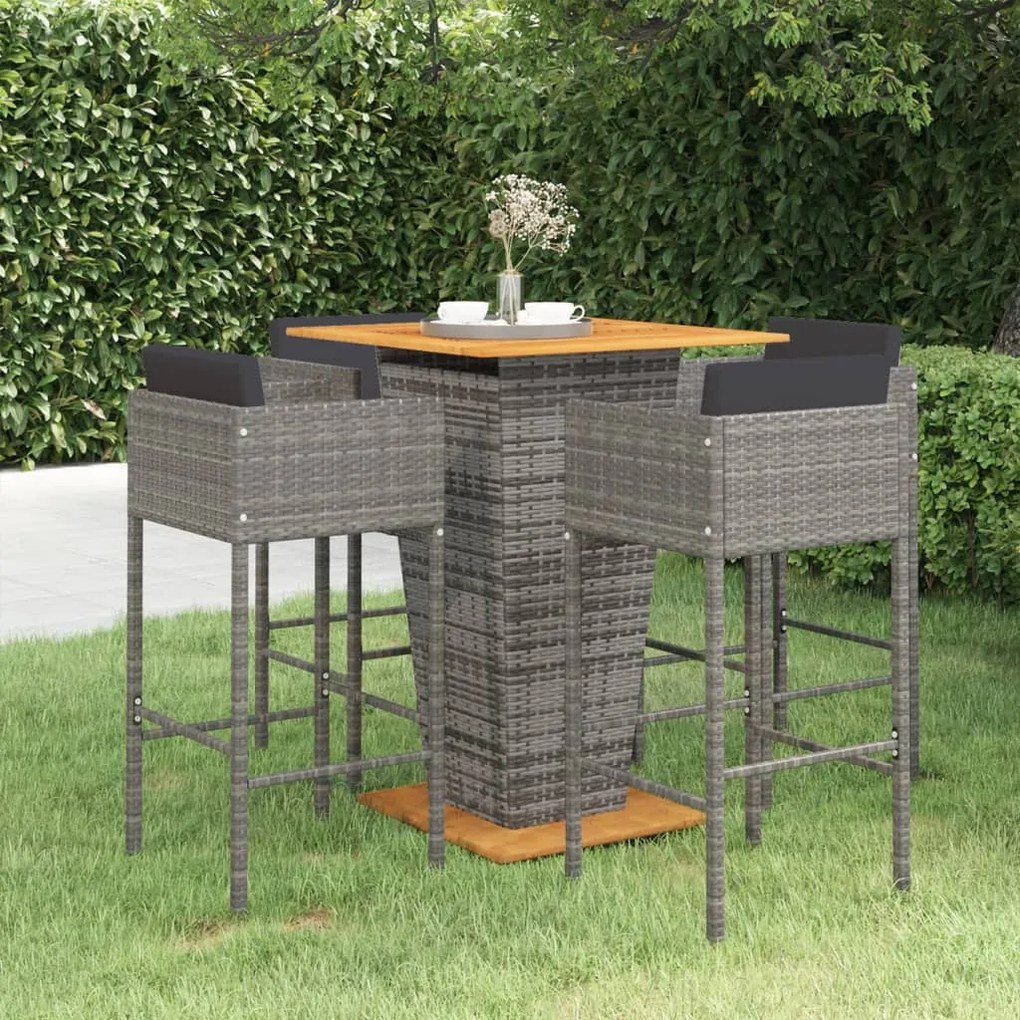 vidaXL 5 pcs conjunto de bar p/ jardim c/ almofadões vime PE cinzento
