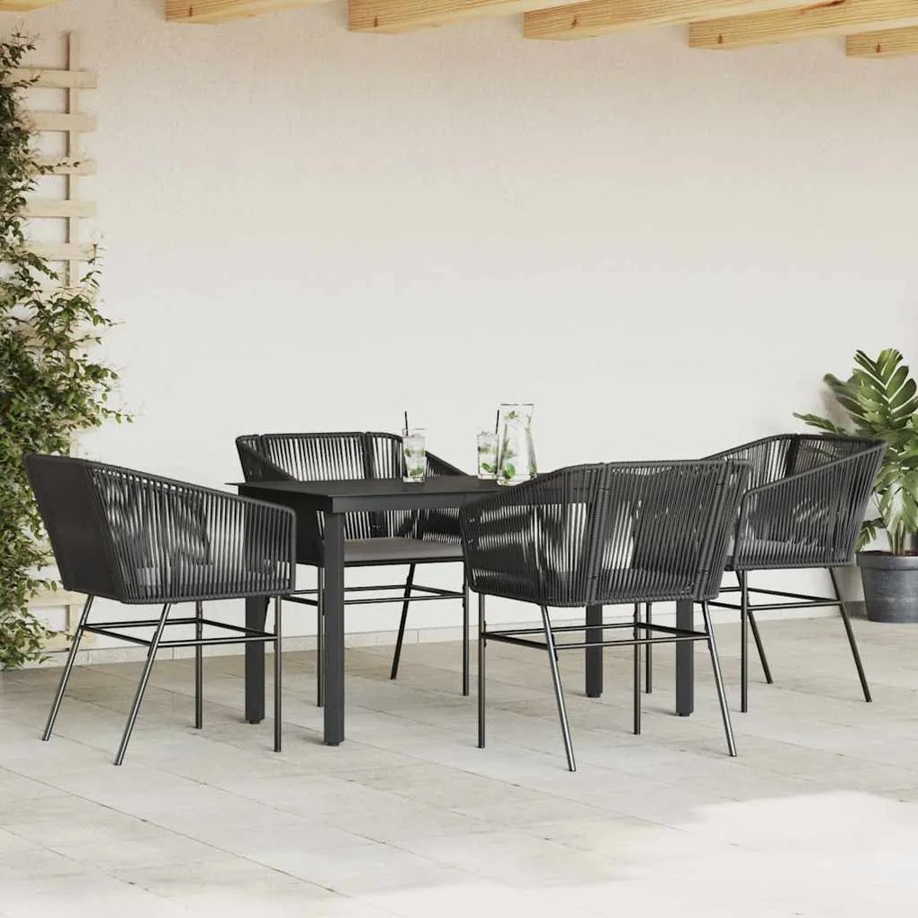 Conjunto de jantar jardim 5 peças almofadas vidro vime PE preto