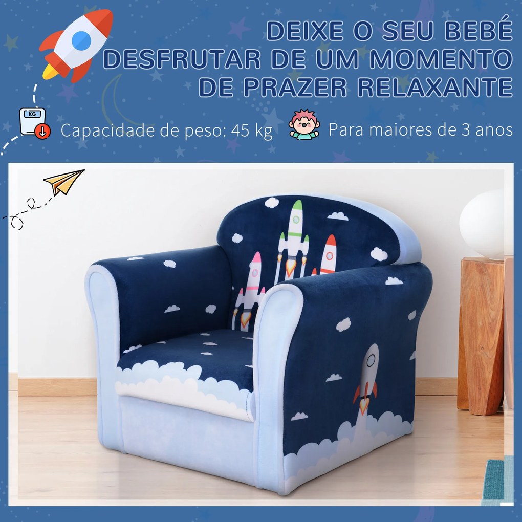 HOMCOM Poltrona para Crianças acima de 3 Anos com Desenhos de Foguete Estrutura de Madeira e Estofado em Flanela 50x39x44 cm Azul