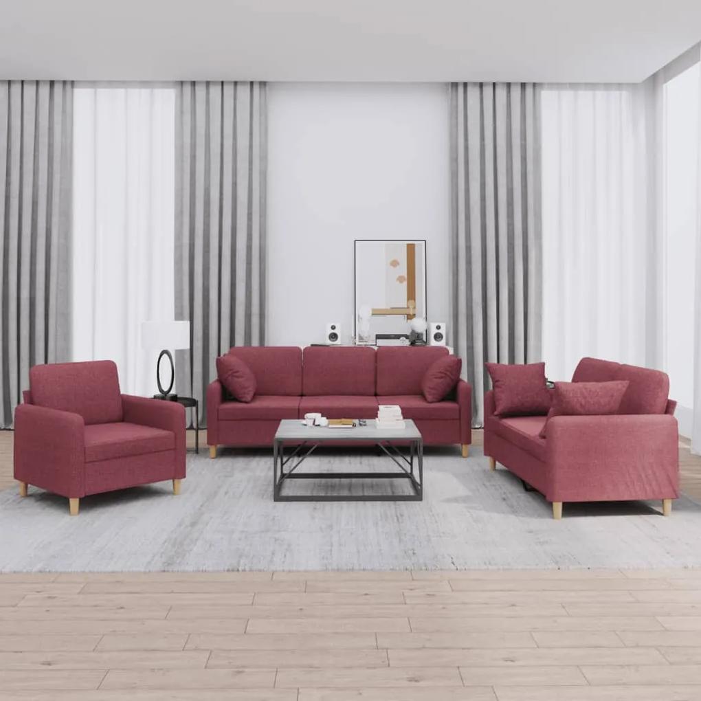 3 pcs conjunto de sofás com almofadas tecido vermelho-tinto