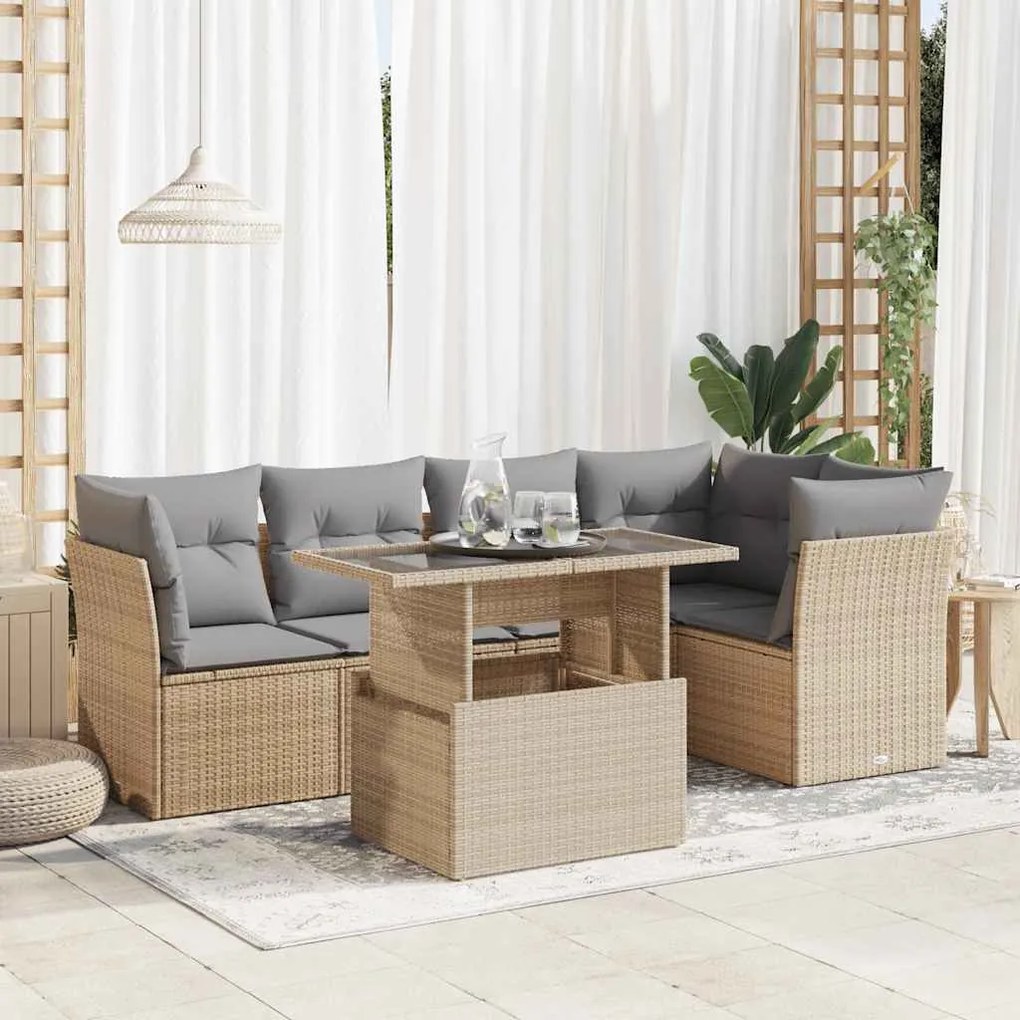 6 pcs conjunto de sofás p/ jardim com almofadões vime PE bege