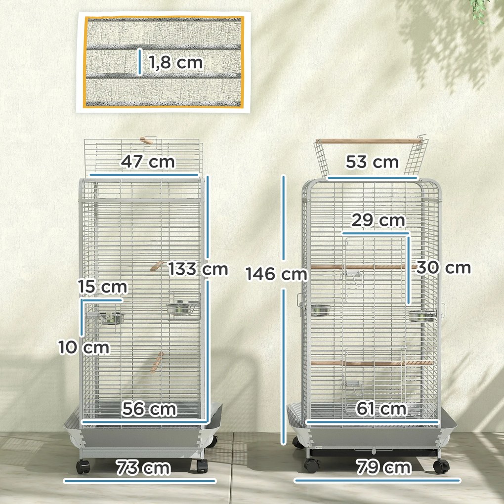 Gaiola para Pássaros Gaiola para Papagaios com Rodas Poleiros Comedouro e Bandeja Amovível 79x73x146 cm Cinza Claro