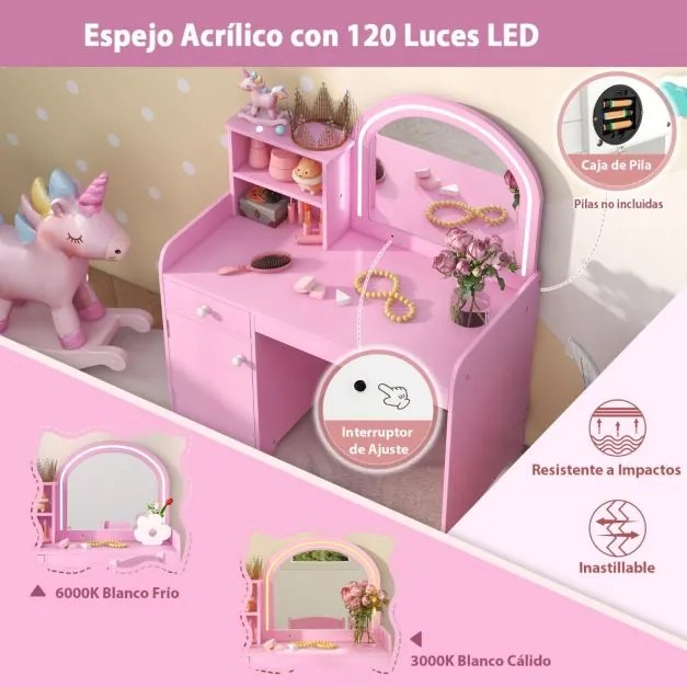 Conjunto de Toucador e cadeira para crianças com prateleira, gaveta e porta Luzes LED de 2 cores Espelho acrílico e pente rosa