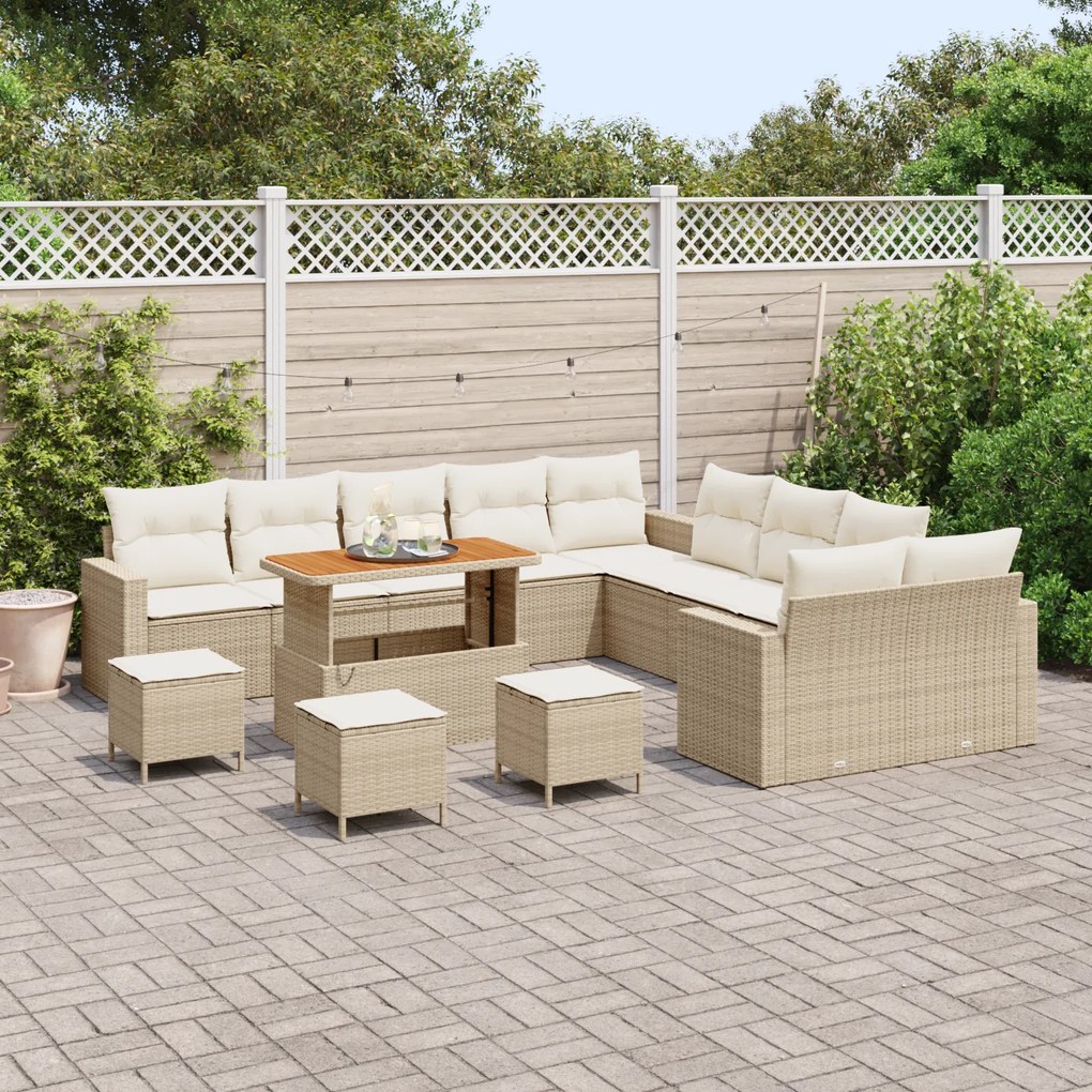 Conjunto de Sofá de Jardim vidaXL com Almofadas Bege Rattan Poliéster
