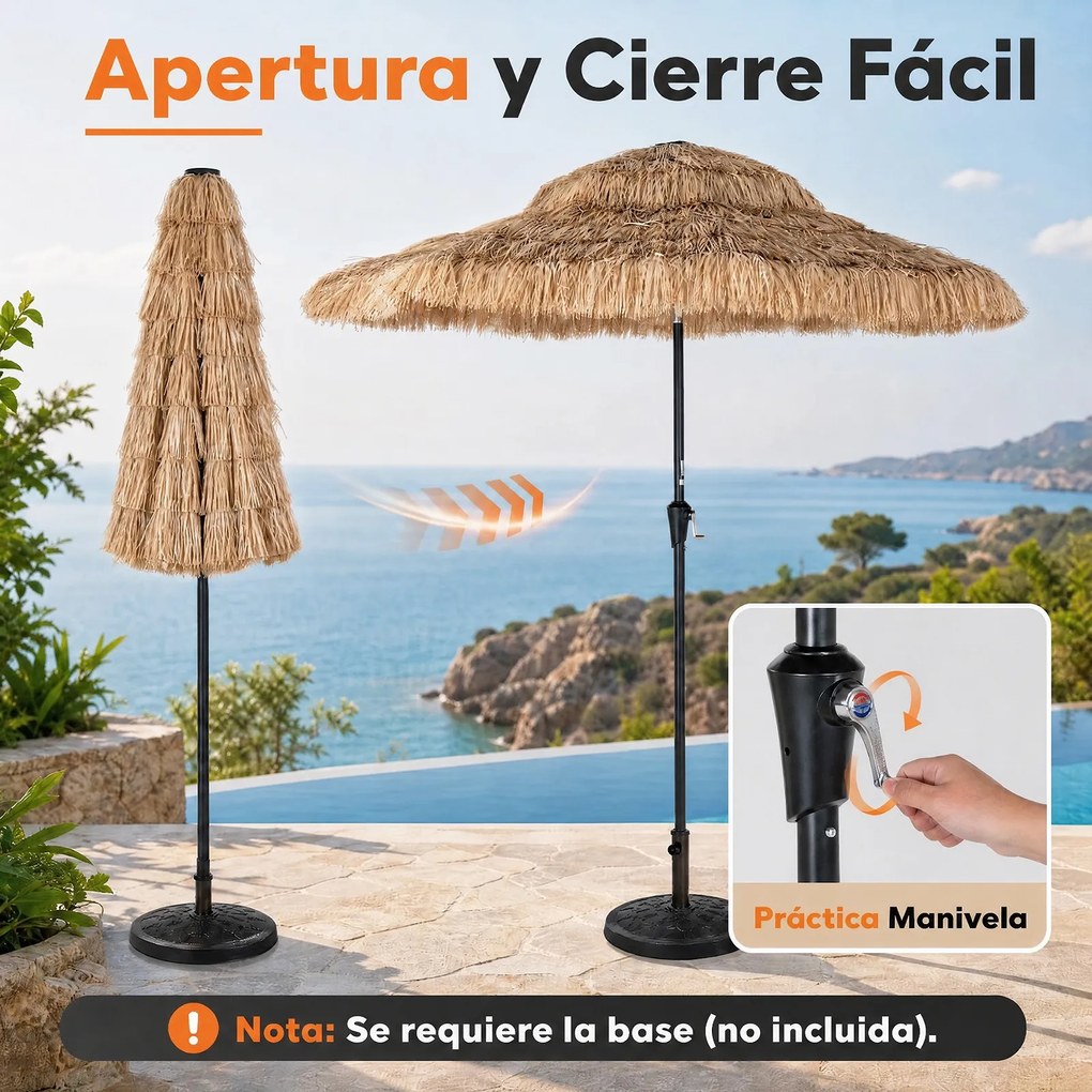Guarda-sol de Palha Tiki , 250 x 250 x 215 cm, Inclinável a 30 Graus, Castanho