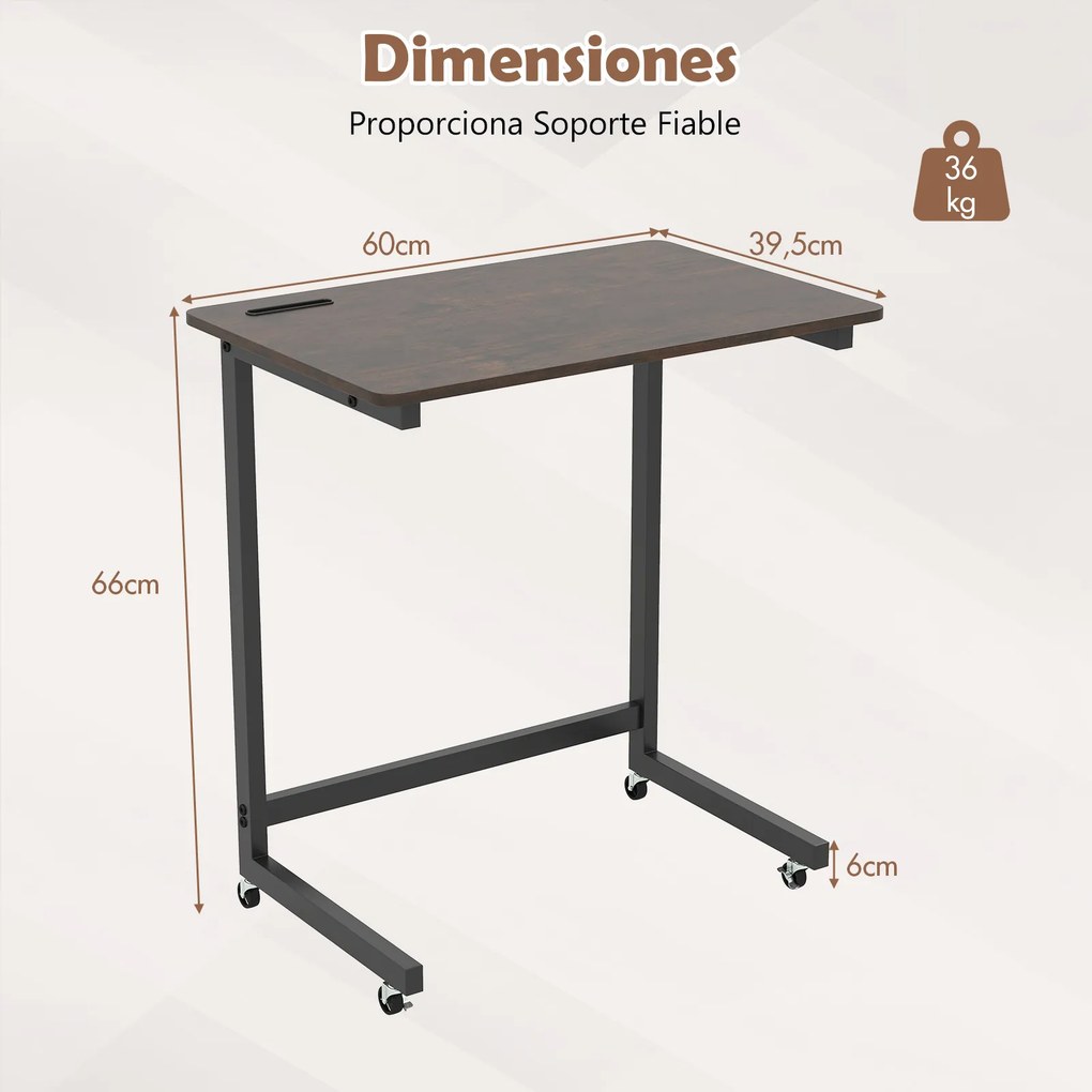 Mesa auxiliar em forma de C com rodas 60 x 39,5 x 66 cm, ranhura para telefone integrada, base baixa para poupar espaço, para sala e quarto, Castanho